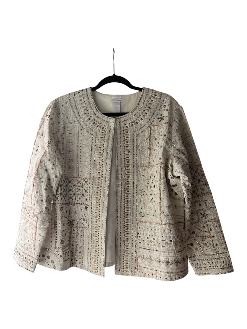 Design Exchange Cream Embroidered Open-Front Beaded Women's Jacket Blazer XL EUC